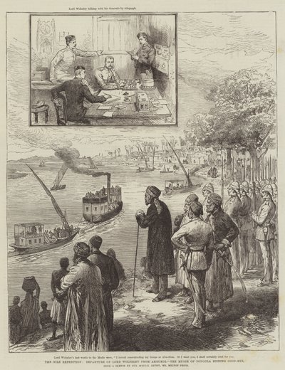 La spedizione del Nilo, partenza di Lord Wolseley da Ambukol, il Mudir di Dongola saluta da Melton Prior